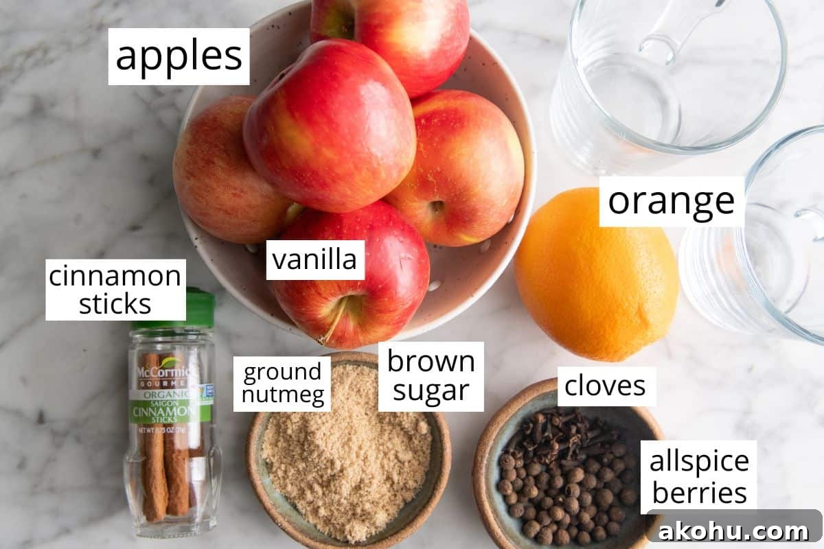 overhead photo of the labeled ingredients in this Homemade Apple Cider Recipe like apples, orange, brown sugar, nutmeg, cinnamon, cloges and allspice. 