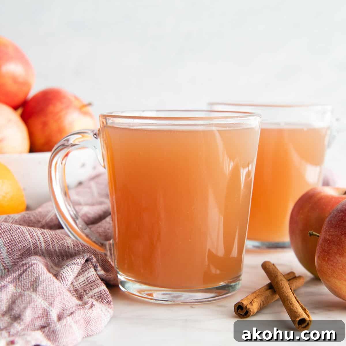 two glass mugs filled with Apple Cider surrounded by apples, cinnamon sticks and a red plaid towel