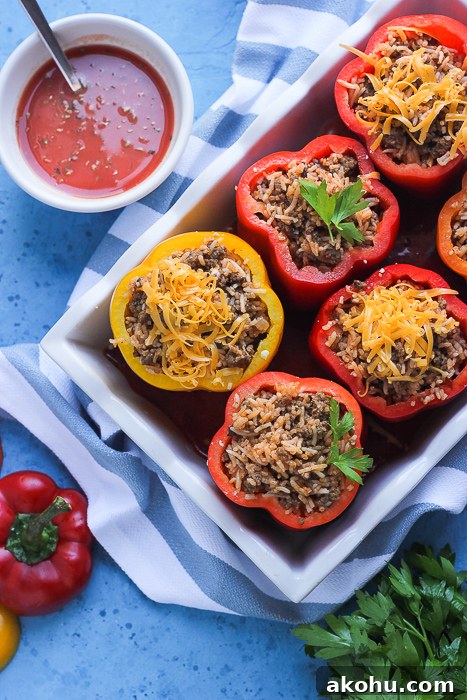 beef and rice stuffed peppers before going to the oven