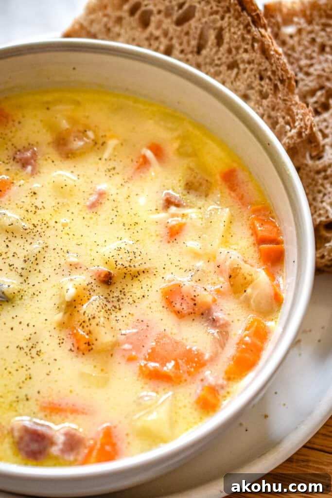 A close up of the Instant Pot Ham and potato soup with no spoon in the bowl