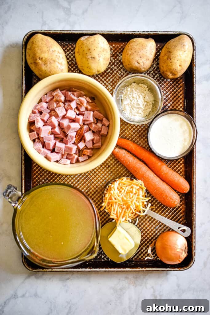 An overhead view of the instant pot ham and potato soup ingredients