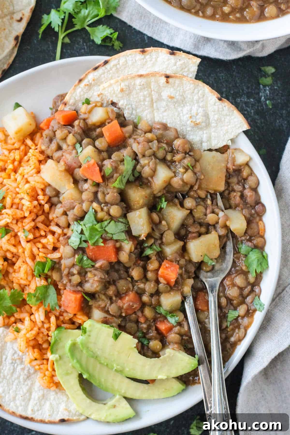 Bite of picadillo on a fork on a plate.