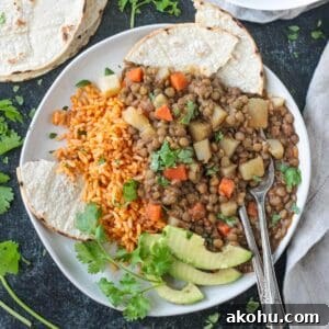 Vegan lentil picadillo on a plate with Mexican red rice, avocado, and corn tortillas.