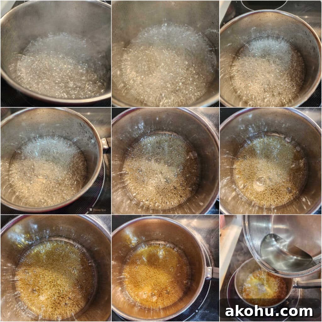 A series of 9 images of sugar boiling, showing how the color eventually darkens to a beautiful honey color. The last image shows pouring a hot simple syrup into the caramelized sugar to stop the cooking and set the color.