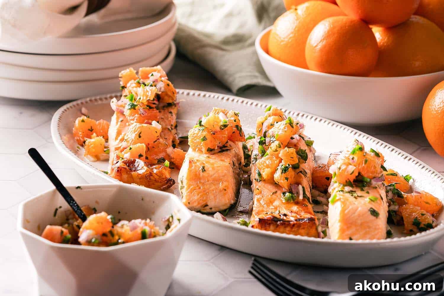 Citrus-Herb Salmon with Orange and Red Onion Salsa 11 Salmon with Orange Salsa on Platter