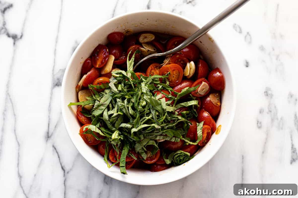Marinated tomatoes with julienne cut fresh basil.