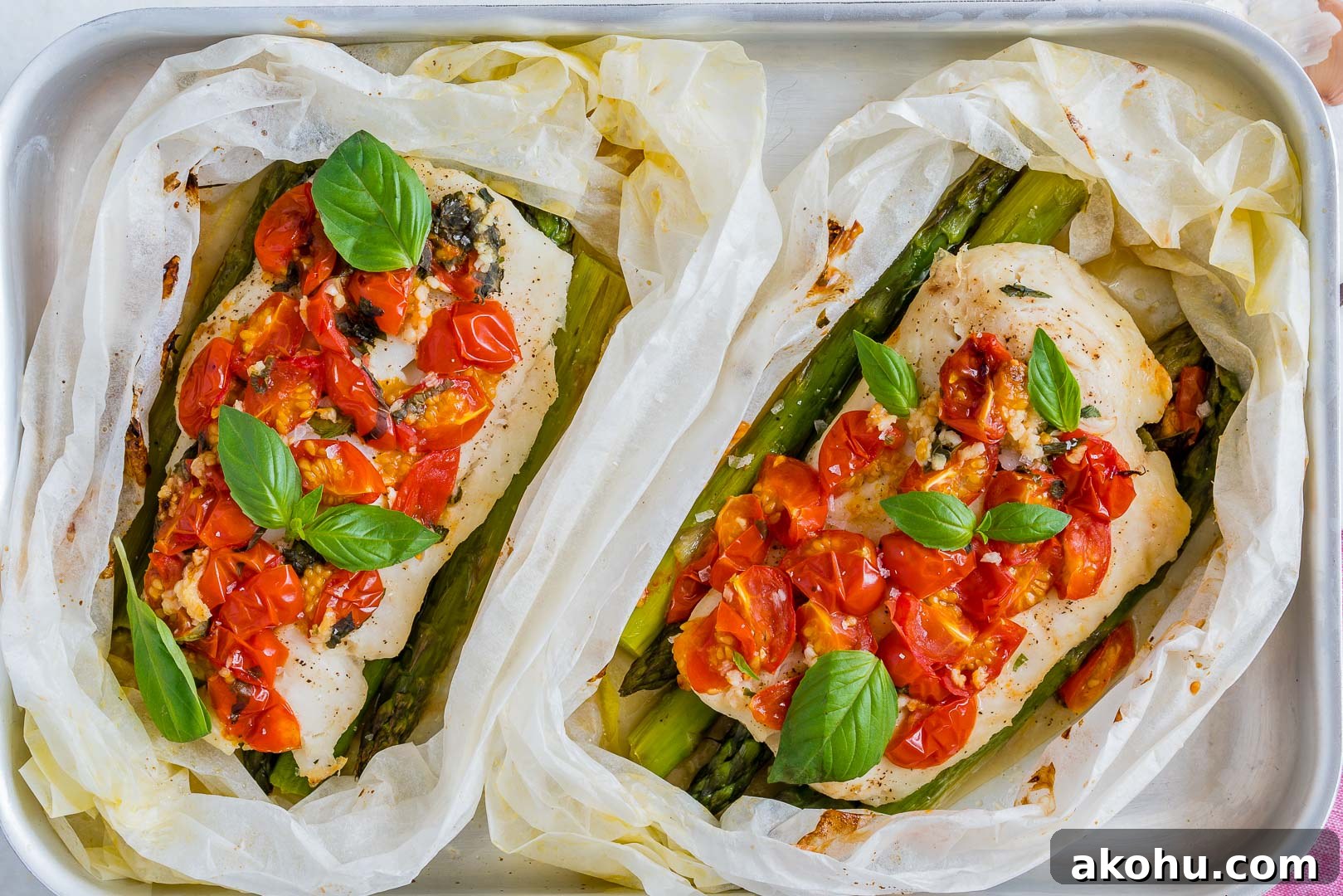 Tomato Basil Oven Roasted Halibut Packets