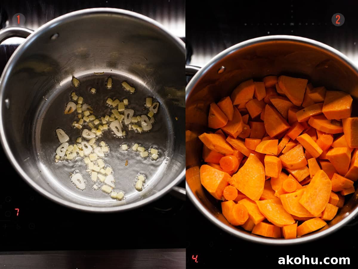frying garlic and adding chopped sweet potatoes to a pan.