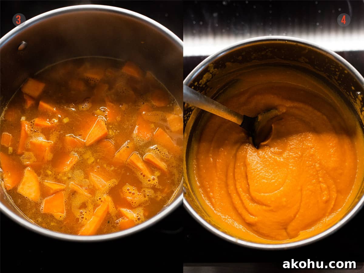 sweet potato and carrot soup before and after blending