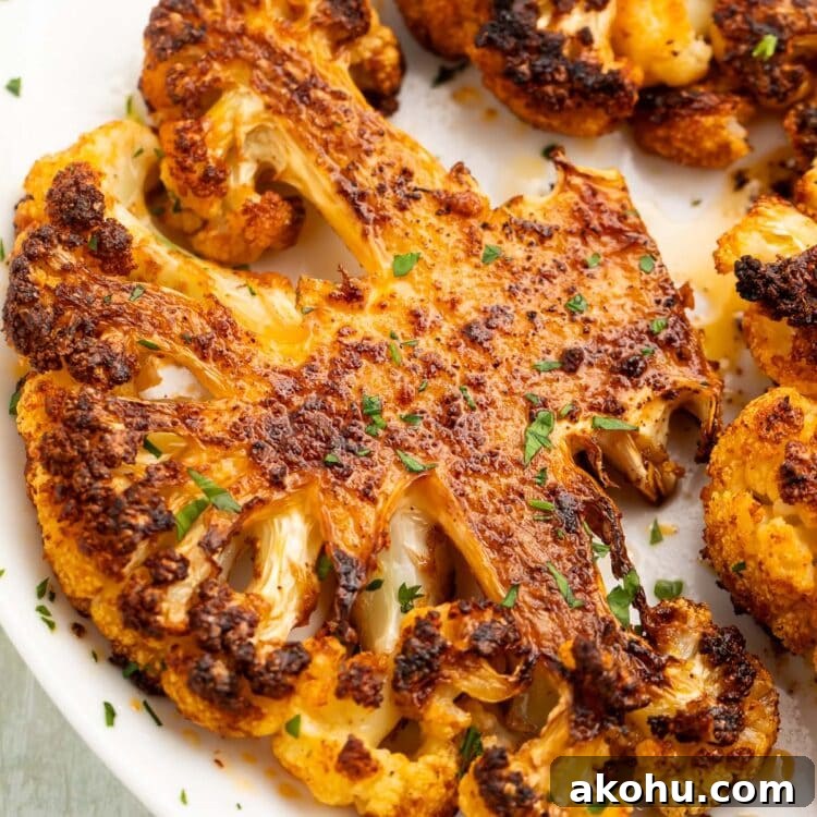 A roasted cauliflower steak on a white plate.