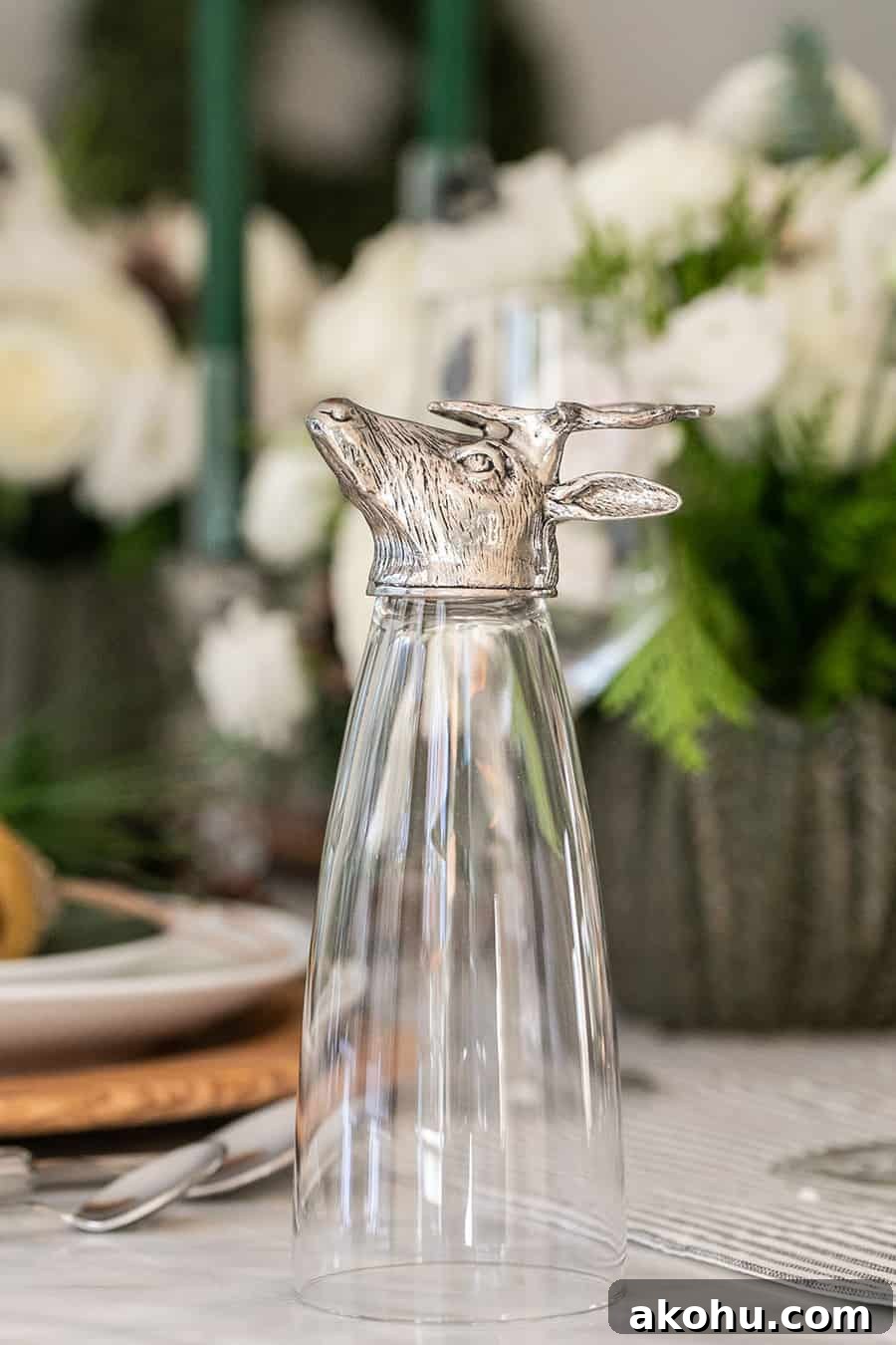 Deer antler cups from Williams Sonoma on a Christmas table.