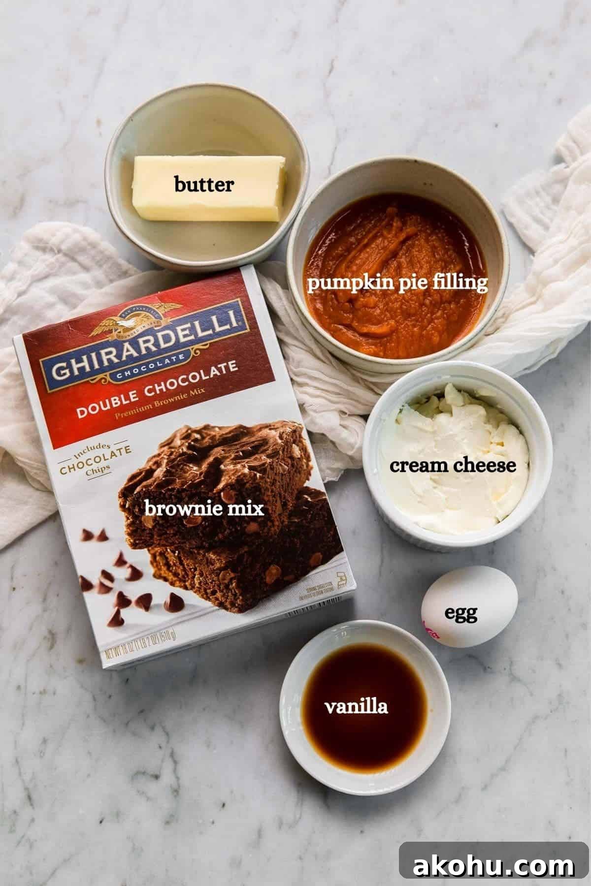 Pumpkin Swirl Cream Cheese Brownies Recipe 3 Butter, pumpkin pie filling, brownie mix, cream cheese, vanilla, egg.