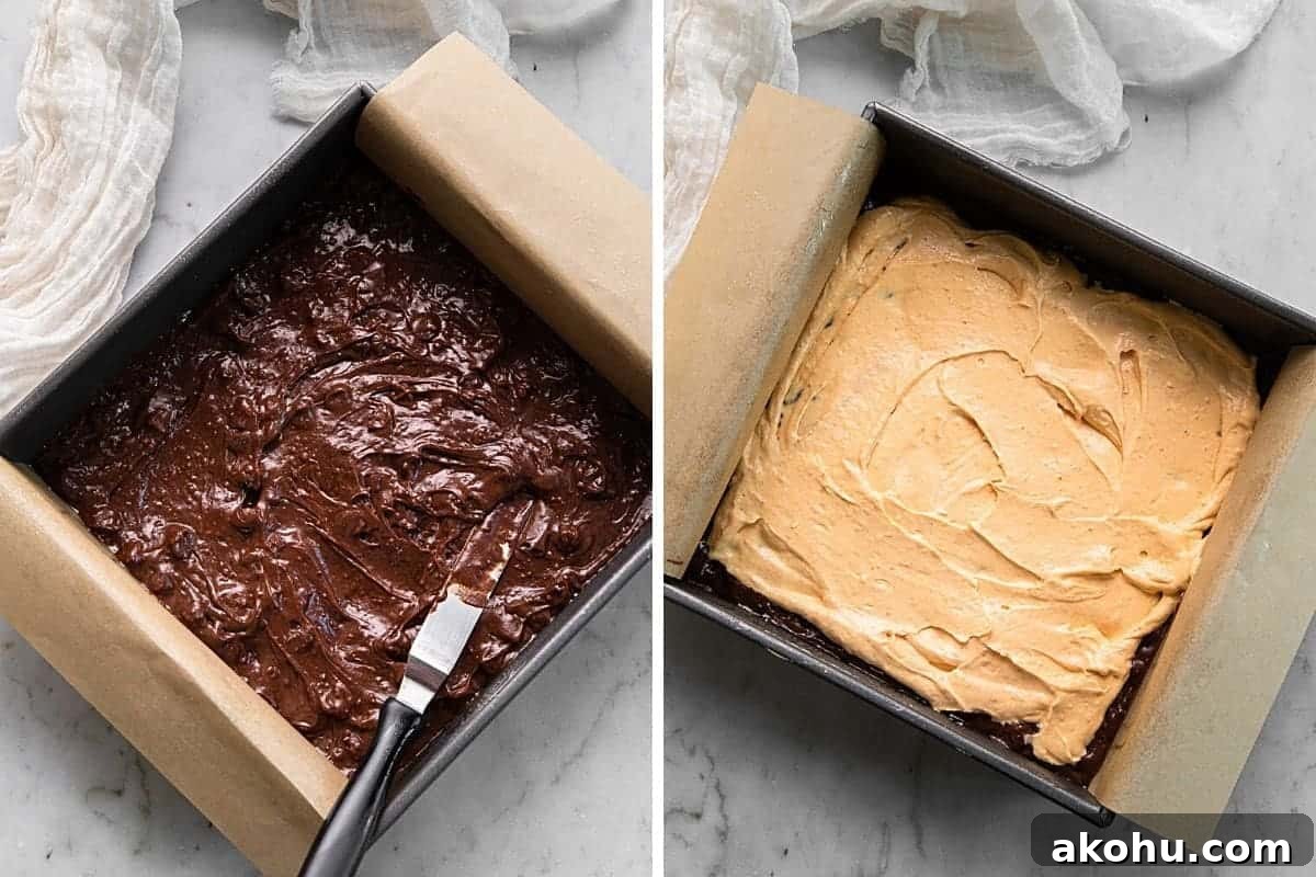 Pumpkin Swirl Cream Cheese Brownies Recipe 5 Layer the brownie and pumpkin mixture in a square baking pan.