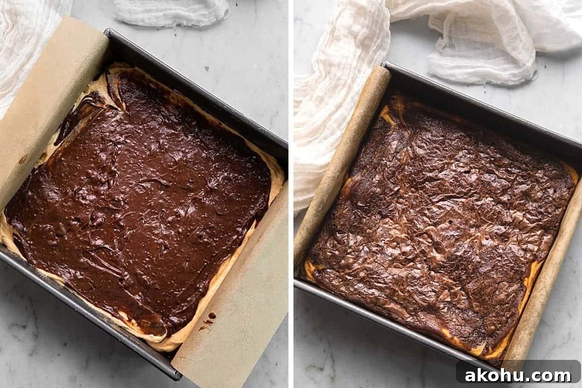 Pumpkin Swirl Cream Cheese Brownies Recipe 6 Pumpkin brownies before and after baking.