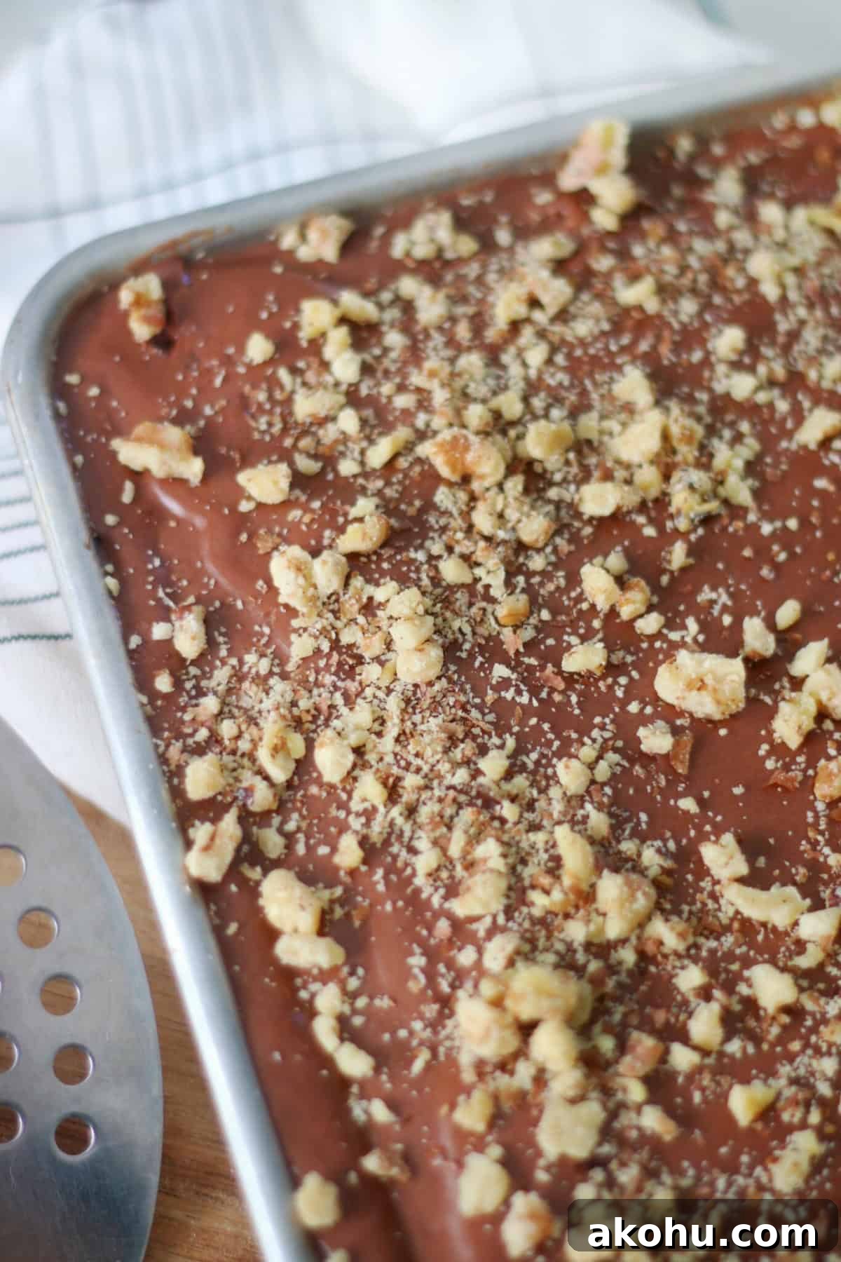 Ultimate Texas Sheet Cake Recipe for Rich Chocolate Dessert 2 Sheet pan of classic chocolate Texas sheet cake frosted and sprinkled with nuts.