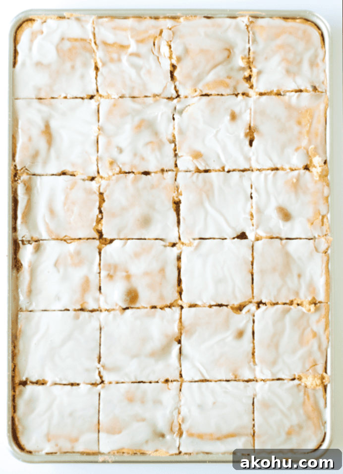 honey bun sheet cake cut into squares