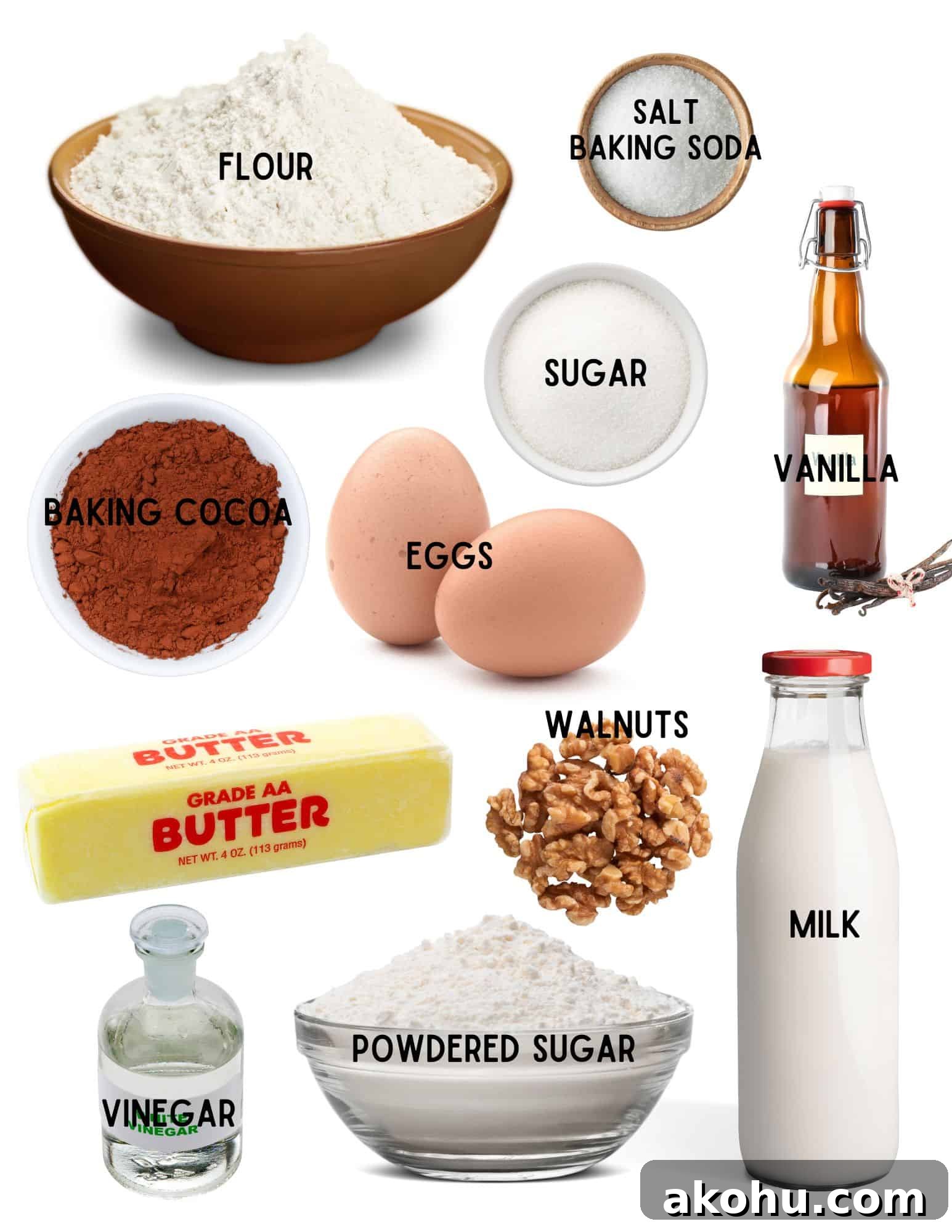 Ultimate Texas Sheet Cake Recipe for Rich Chocolate Dessert 3 Bowls of flour, sugar, salt and baking soda, baking cocoa, two eggs, bottle of vanilla, bottle of milk, handful of walnuts, bowl of powdered sugar, stick of butter and bottle of vinegar.