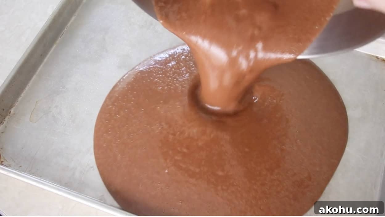 Ultimate Texas Sheet Cake Recipe for Rich Chocolate Dessert 9 Chocolate cake batter being poured into sheet pan.