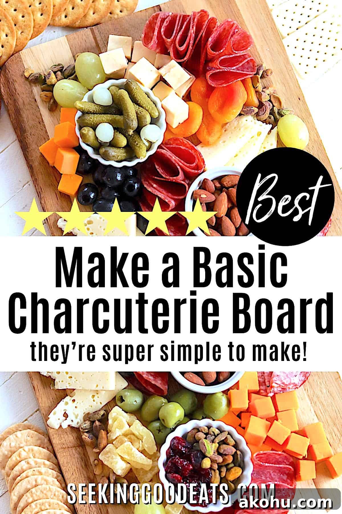 Basic charcuterie board with meats, cheese, nuts, fruit on a rectangle wooden board. 