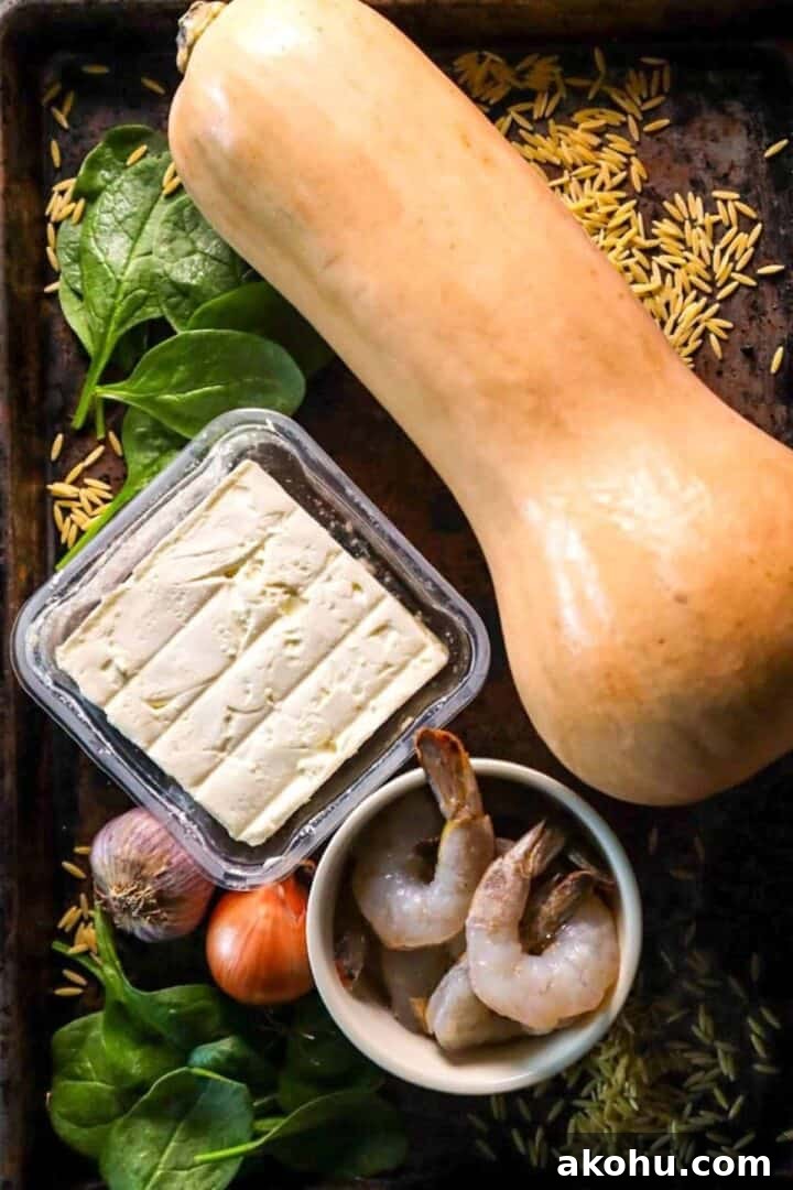 ingredients for Shrimp and Orzo Pasta with Feta & Roasted Butternut Squash