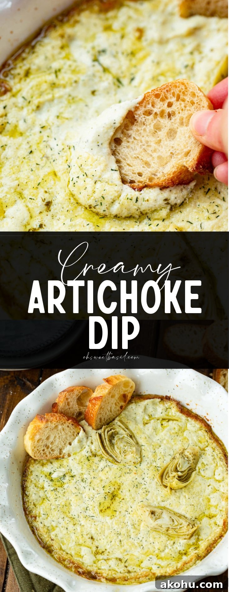 Creamy Artichoke Dip in a white bowl with a piece of bread being dipped