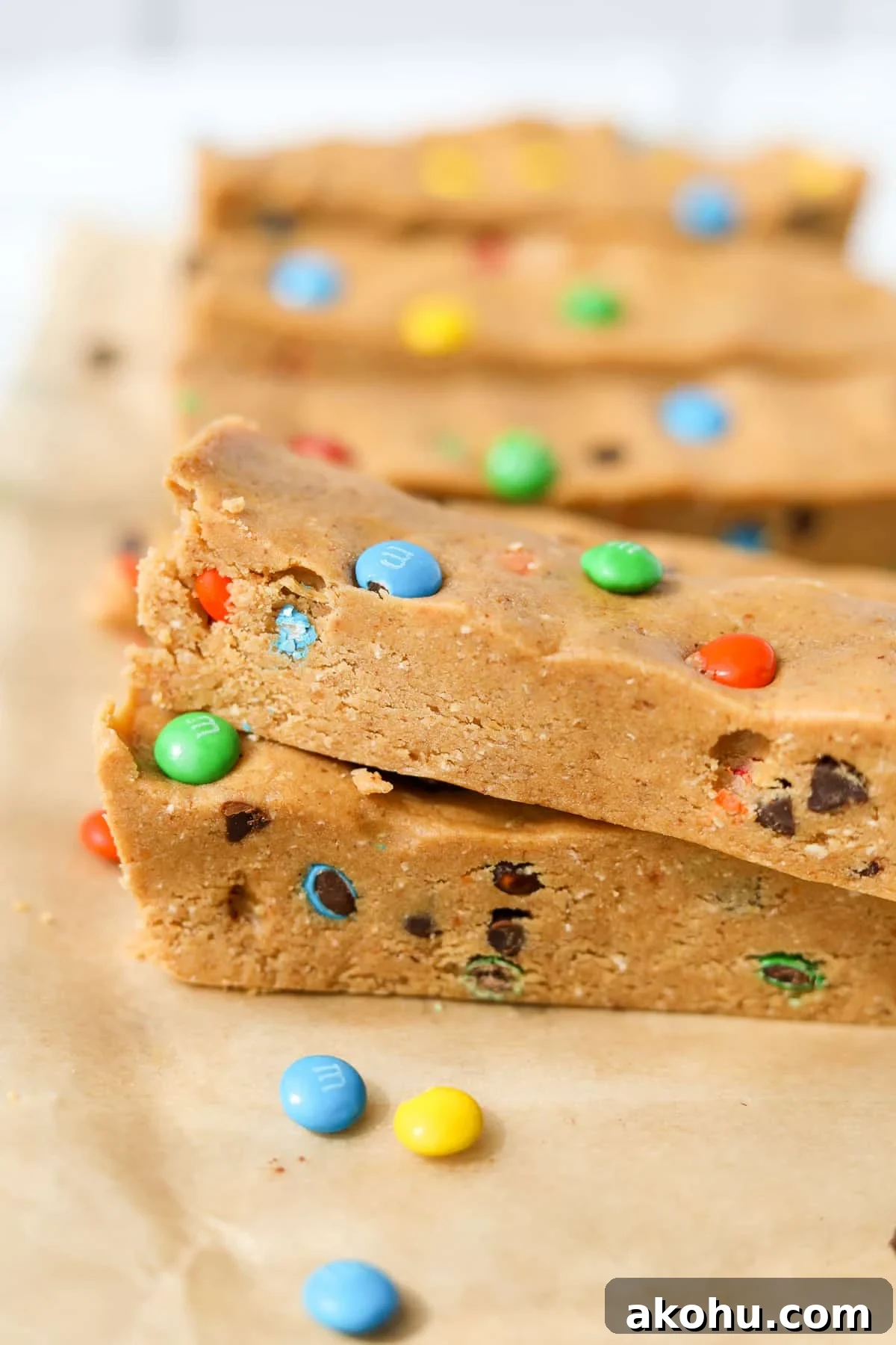 Monster Cookie Protein Bars: Chewy Peanut Butter Oat Bars 11 Two protein bars stacked on top of each other.