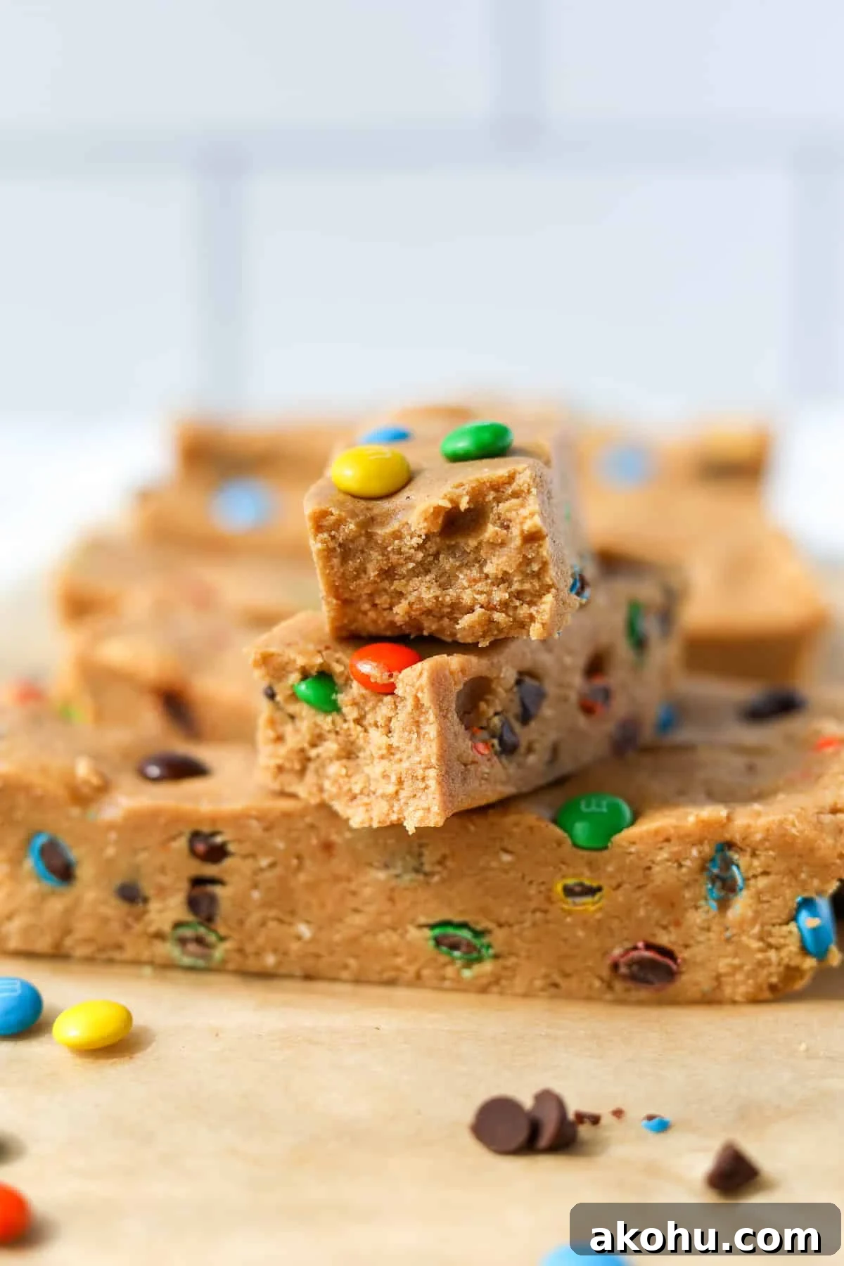 Monster Cookie Protein Bars: Chewy Peanut Butter Oat Bars 13 Protein bars stacked on top of each other, showing the center.