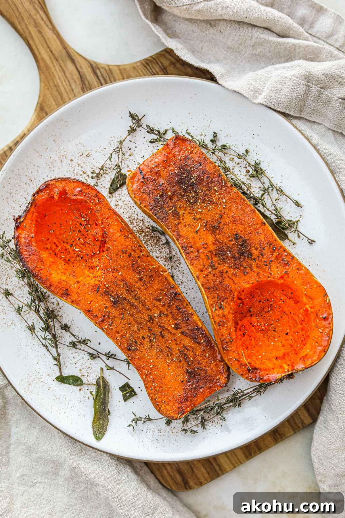 20 Delicious Side Dishes to Serve with Roasted Chicken 21 Oven roasted butternut squash on a serving platter with herbs.