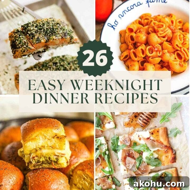 26 easy weeknight dinner recipes, pasta, pizza, salmon, sliders.