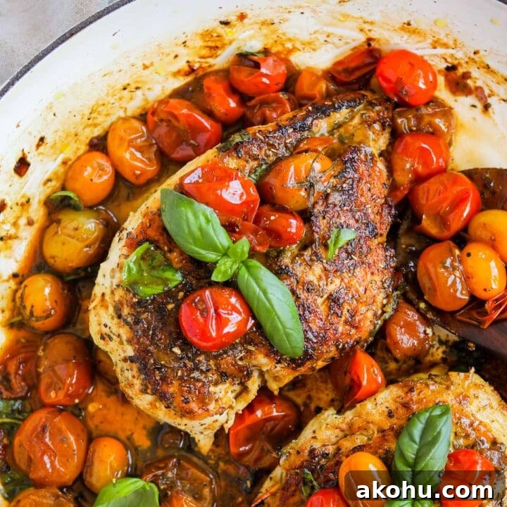 Mozzarella-stuffed chicken pomdoro in a pan in cherry tomato sauce with basil.