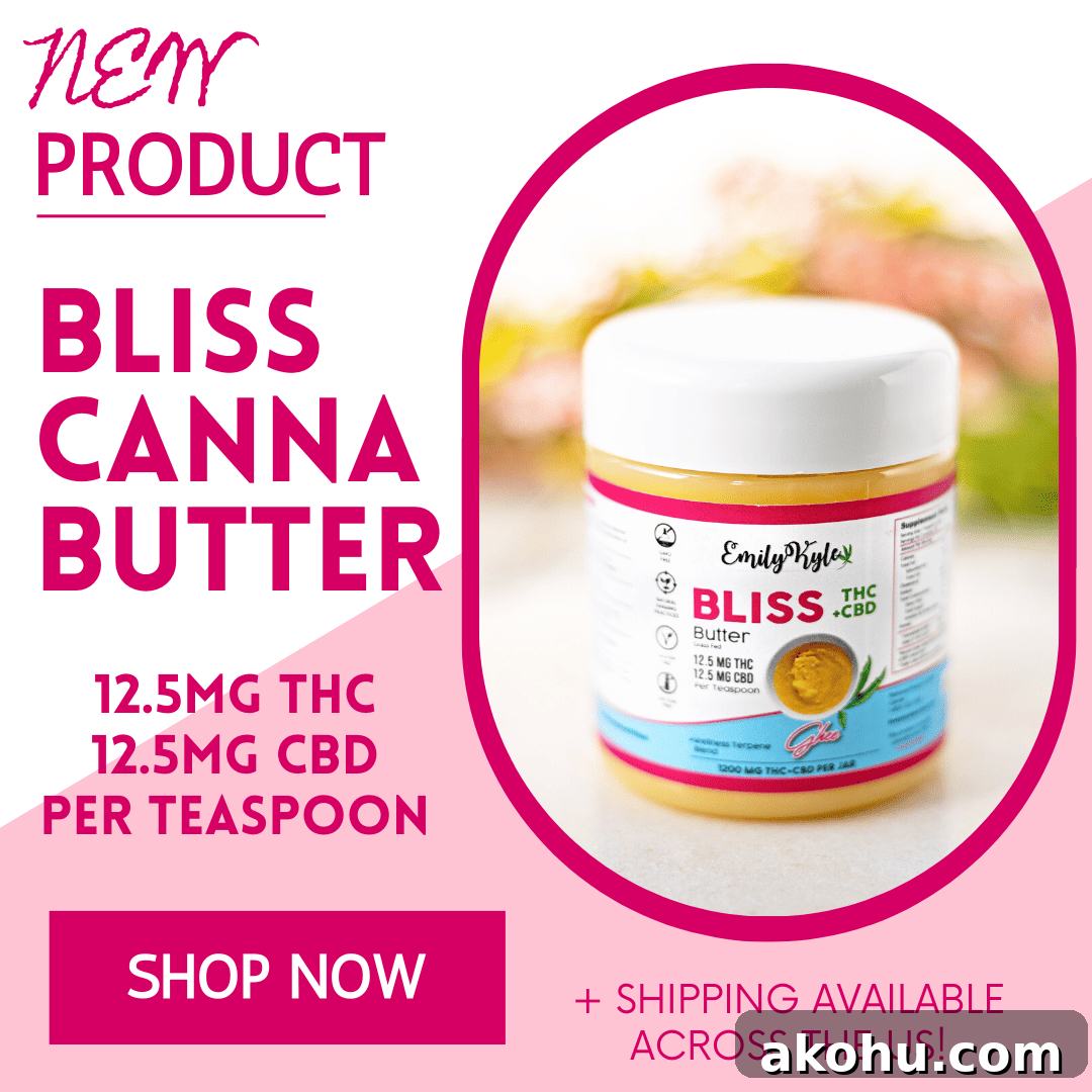 A picture of Emily Kyles Bliss Cannabutter with text as a promo image.