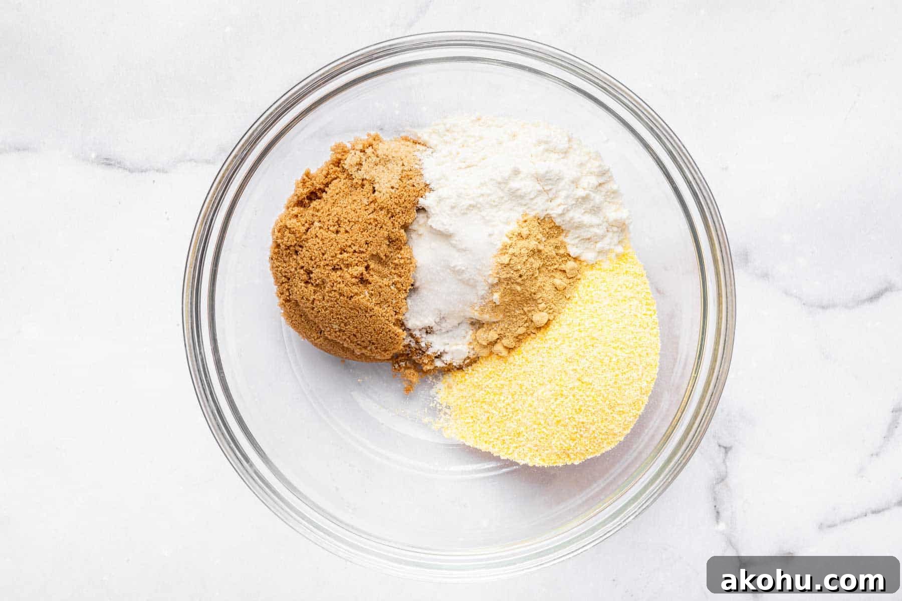 Classic Plum Cake Recipe: Moist, Fragrant Holiday Dessert 6 Clear glass bowl with brown sugar, cornmeal, and white powder.