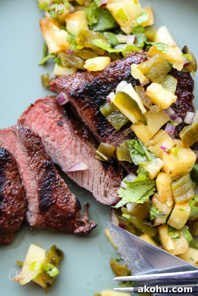 Grilled Steak with Pineapple Jalapeño Salsa Recipe 2 ancho Chile rubbed steak with grilled pineapple salsa
