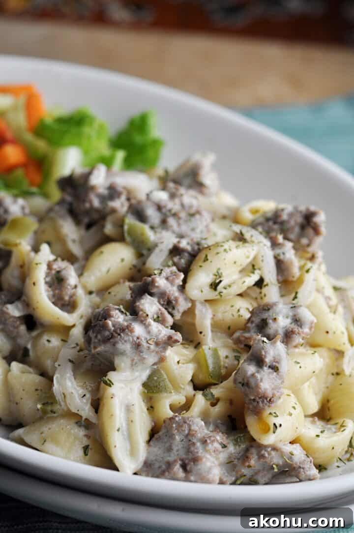 Philly Cheesesteak Casserole with Ground Beef and Melted Provolone 4 Beef Pasta and Cheese one-pot recipe