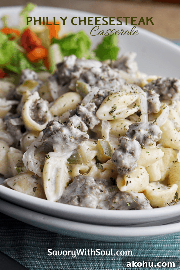 Philly Cheesesteak Casserole with Ground Beef and Melted Provolone 6 Philly Cheesesteak Casserole Pin