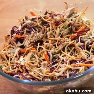 chinese chicken salad in a glass bowl.