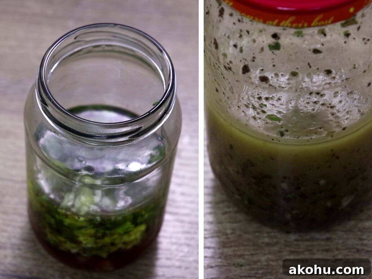 collage of 2 images showing mediterranean salad dressing ingredients in a mason jar.
