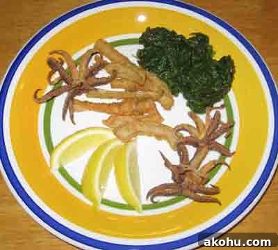 Crispy Fried Calamari (Kalamarakia Tiganita) Recipe 3 Fried calamari with greens