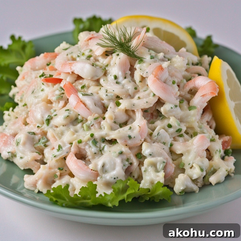 Close-up of creamy crab seafood salad texture.