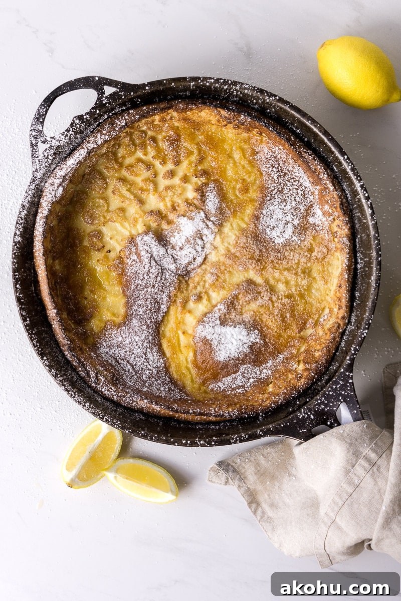 dutch pancake just out of the oven in cast iron pan