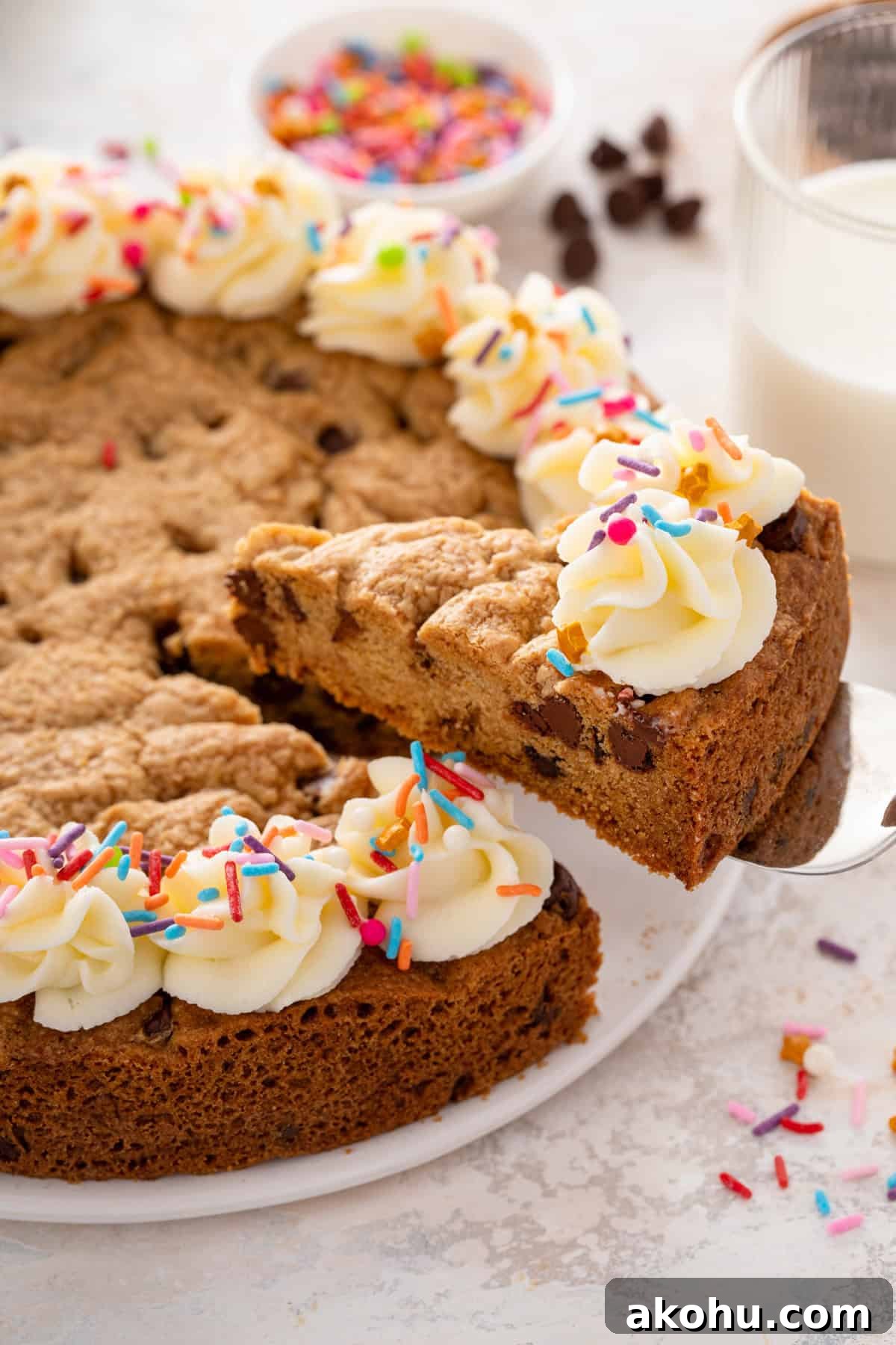Chocolate Chip Cookie Cake Recipe — Soft, Gooey Dessert King 2 Cake server lifting up a slice of chocolate chip cookie cake.