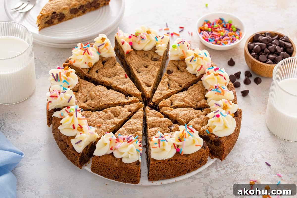 Chocolate Chip Cookie Cake Recipe — Soft, Gooey Dessert King 11 Sliced chocolate chip cookie cake decorated with frosting.