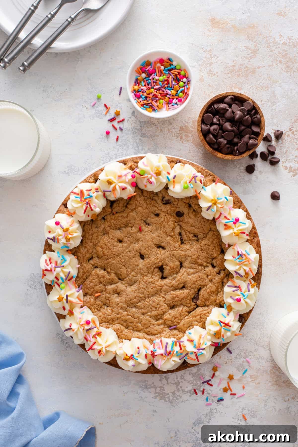 Chocolate Chip Cookie Cake Recipe — Soft, Gooey Dessert King 4 Overhead image of a chocolate chip cookie cake decorated with vanilla frosting and rainbow sprinkles.
