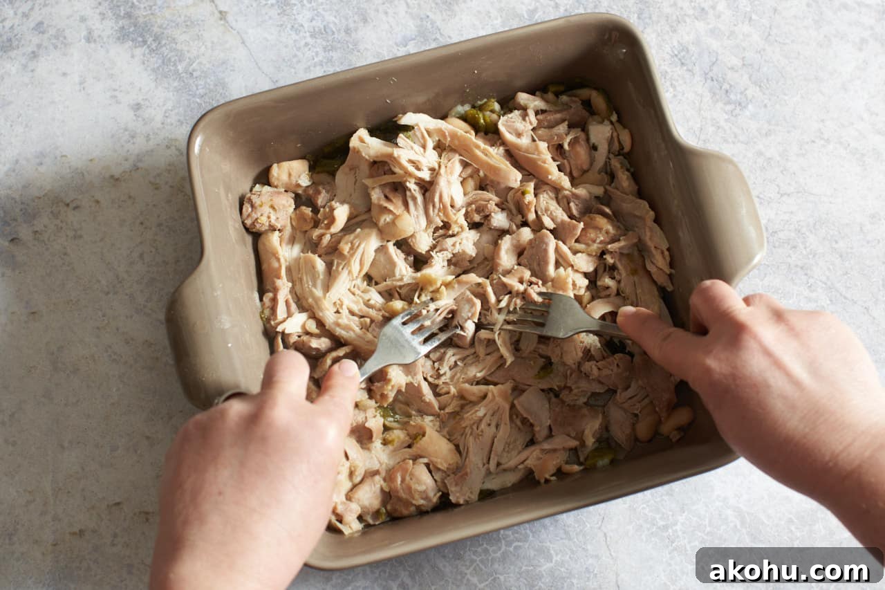 A woman's hands are shown pulling cooked chicken apart with two forks.