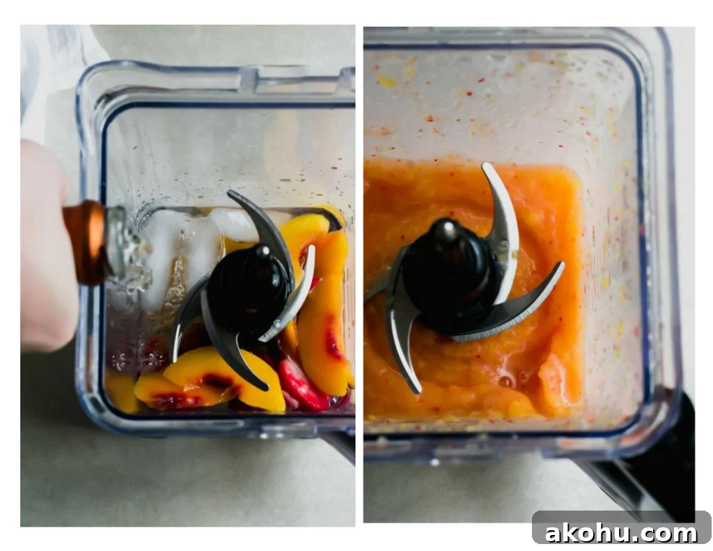 Blender with strawberries, peaches, and moscato