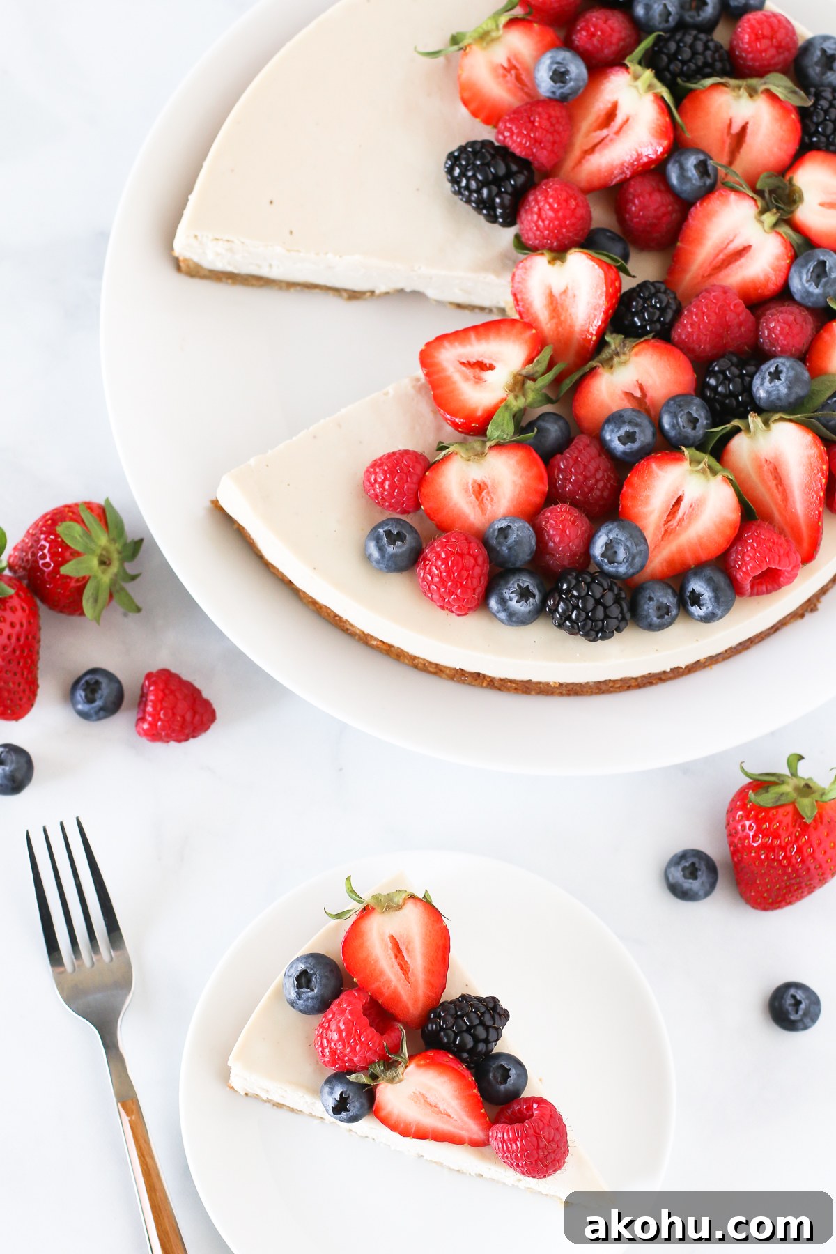 Gluten Free Vegan Berry Cheesecake. You will go head over heals for this dairy free cheesecake! Made with cashews, the creamy texture is perfectly paired with the fresh berries.