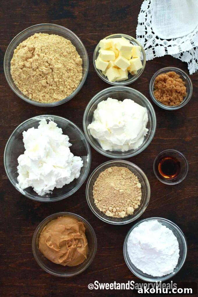 Decadent Peanut Butter Pie Recipe with Chocolate Crust 3 peanut butter pie ingredients on a table