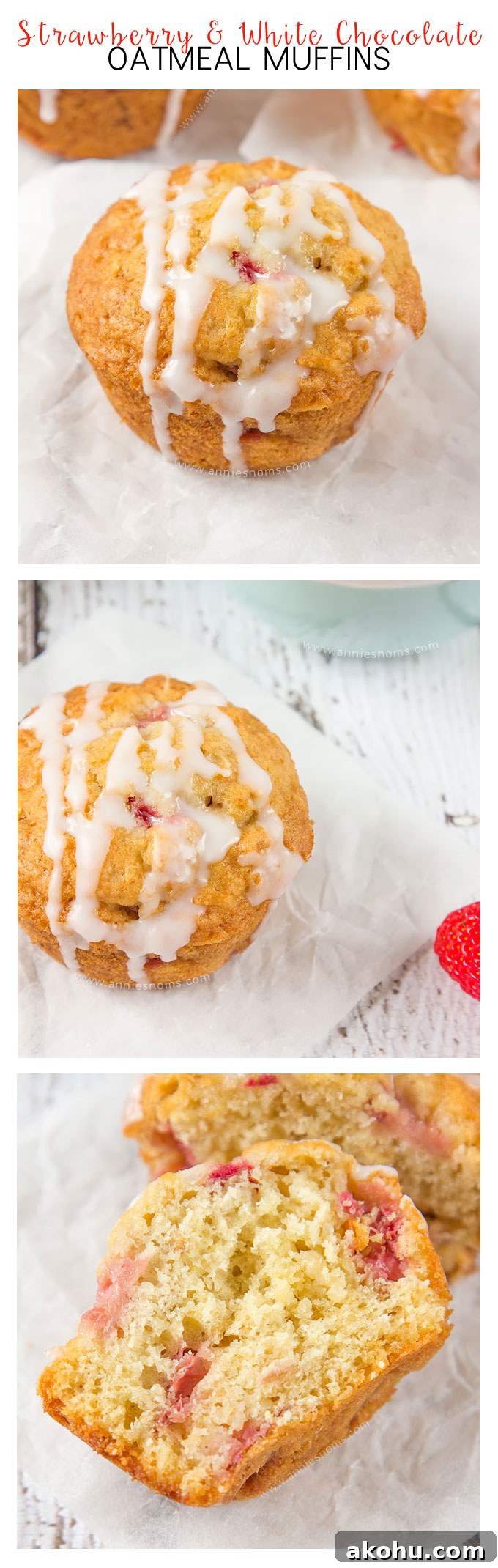 Strawberry and White Chocolate Oatmeal Muffins collage