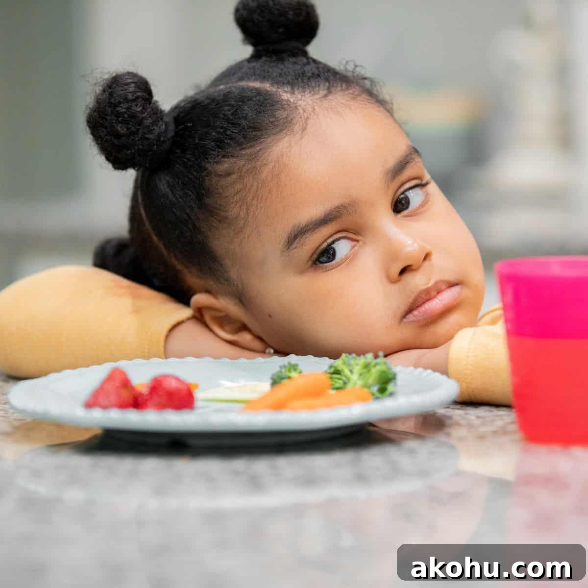 What Causes Picky Eating in Kids — and How to Fix It 2 Little girl with head on arms, staring at a plate of uneaten veggies