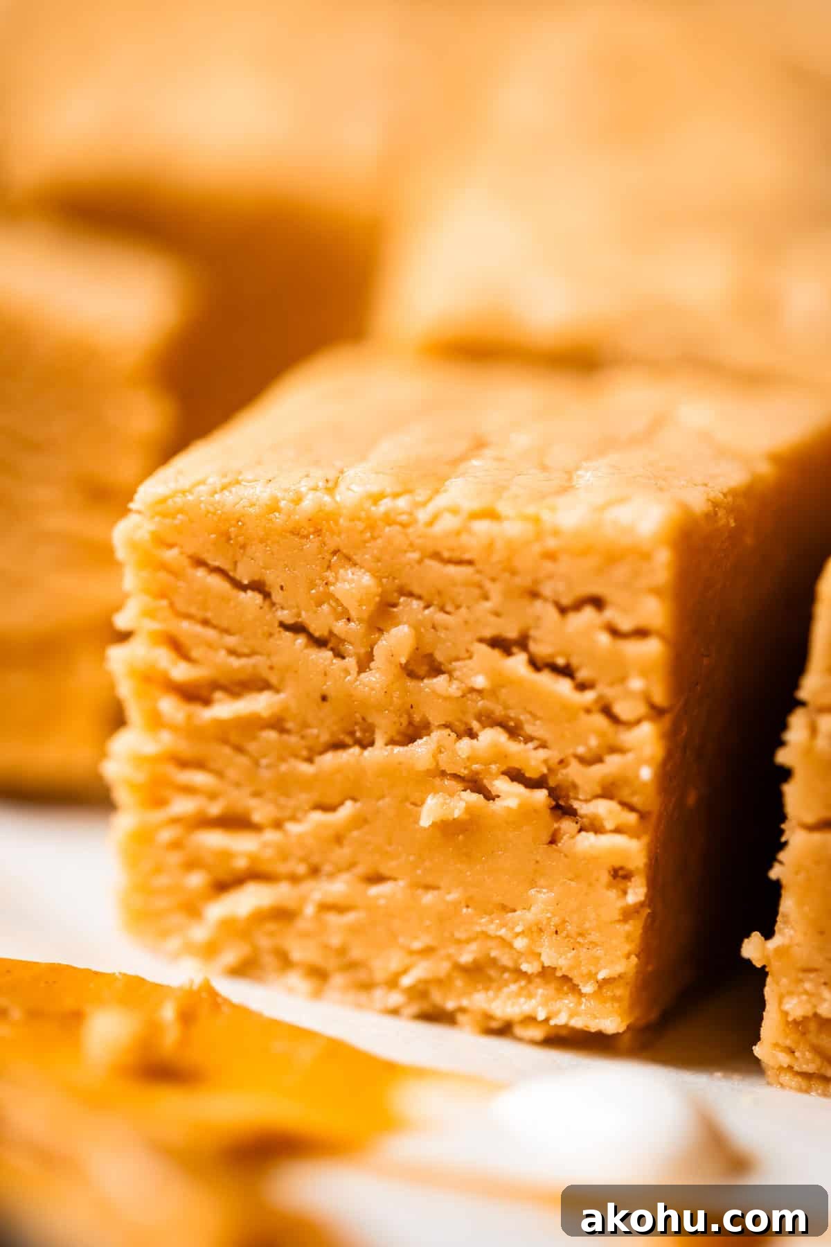Close-up of a thick, creamy square of peanut butter fudge, showing its smooth and slightly crumbly texture. Other pieces of fudge are visible in the background.
